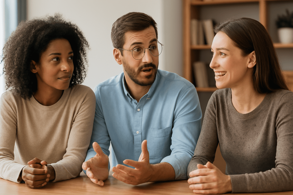 Three diverse adults engaging in a lively, focused discussion around a table in a cozy room, symbolizing community-based strategies for managing ADHD naturally.
