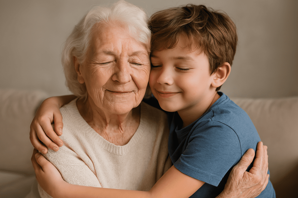 A warm embrace between an elderly woman and her young grandson in natural light, reflecting emotional connection and intergenerational healing for ADHD.