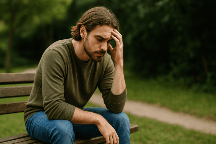 A young man sits alone on a wooden bench in a quiet park, resting his forehead on one hand in a gesture of mental exhaustion. Surrounded by soft-focus greenery and bathed in gentle morning light, the image reflects the emotional weight of struggling with a short concentration span and the search for natural ways to improve focus.