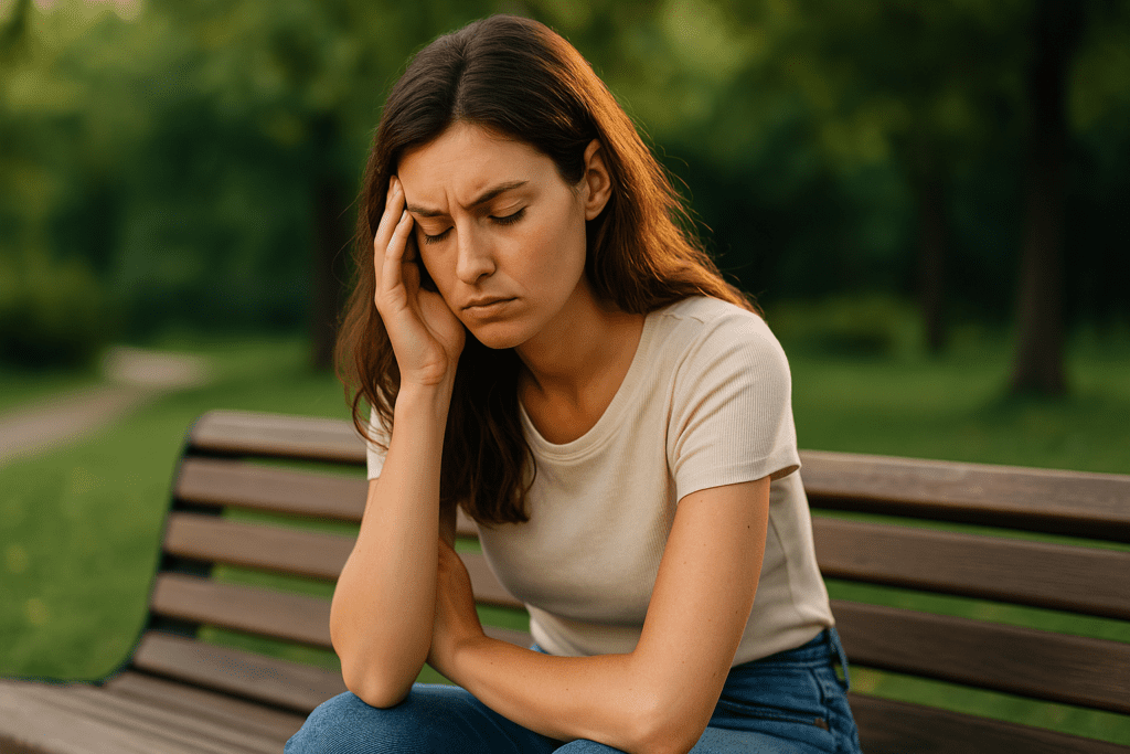 A young woman sits in thoughtful solitude on a bench under warm afternoon sunlight, her distant gaze suggesting internal distraction. The peaceful natural surroundings contrast with her introspective mood, visually symbolizing the personal challenge of asking “why is my attention span so short?” in a tech-saturated world.
