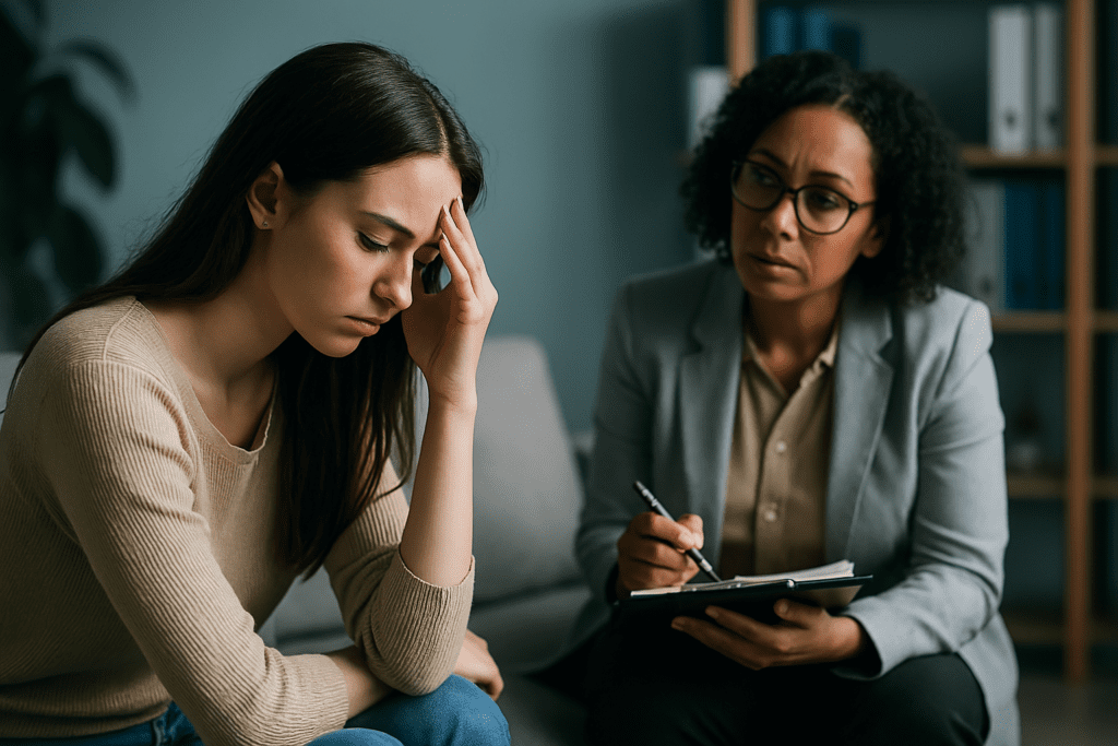 A counseling session takes place in a softly lit therapy office, where a stressed young woman sits slouched on a gray couch while a therapist listens attentively and takes notes. The calm clinical setting and the client’s body language emphasize the emotional depth and psychological roots of a poor concentration span and the process of learning how to regain attention span.