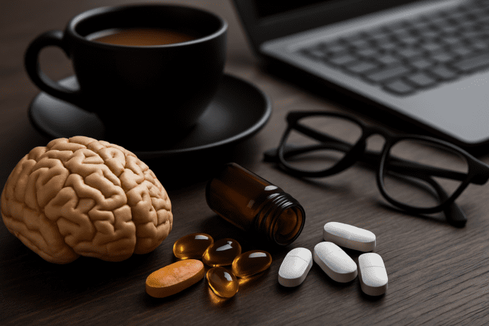A high-resolution digital photograph showcases over-the-counter focus supplements arranged around a detailed model of a human brain, symbolizing cognitive enhancement and mental clarity.