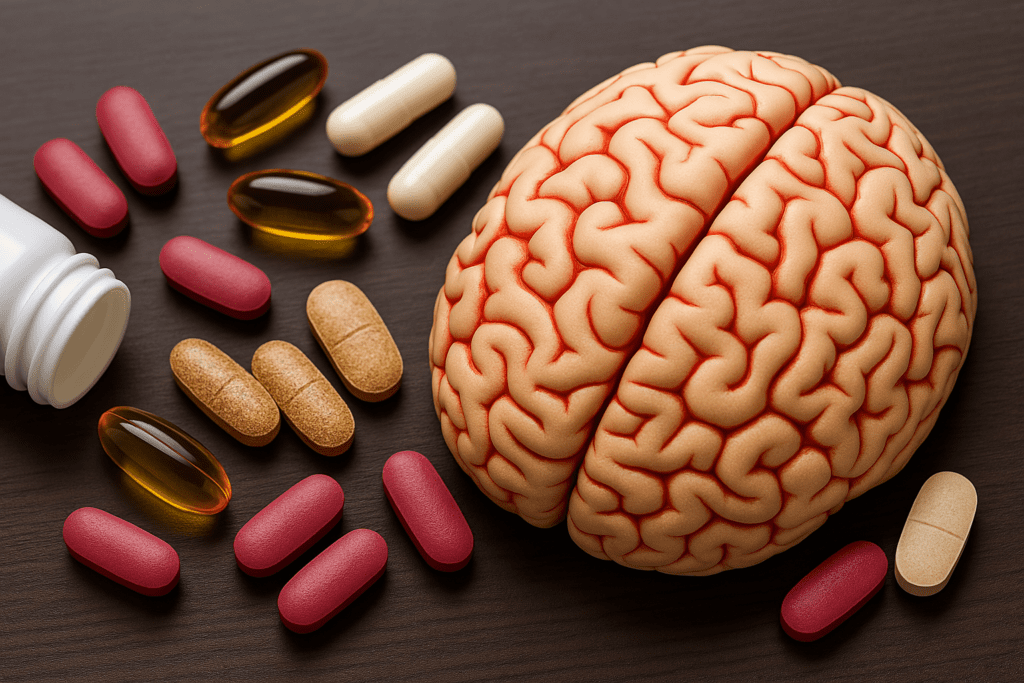A high-resolution digital photograph displays a model of a human brain with red vascular markings, surrounded by assorted focus supplements, representing the science behind cognitive enhancement.