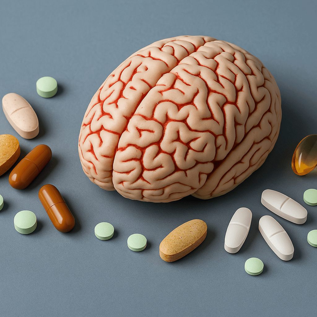 A high-resolution digital photograph features a detailed 3D brain model surrounded by colorful capsules, symbolizing safe use of OTC stimulants for energy and mental performance.