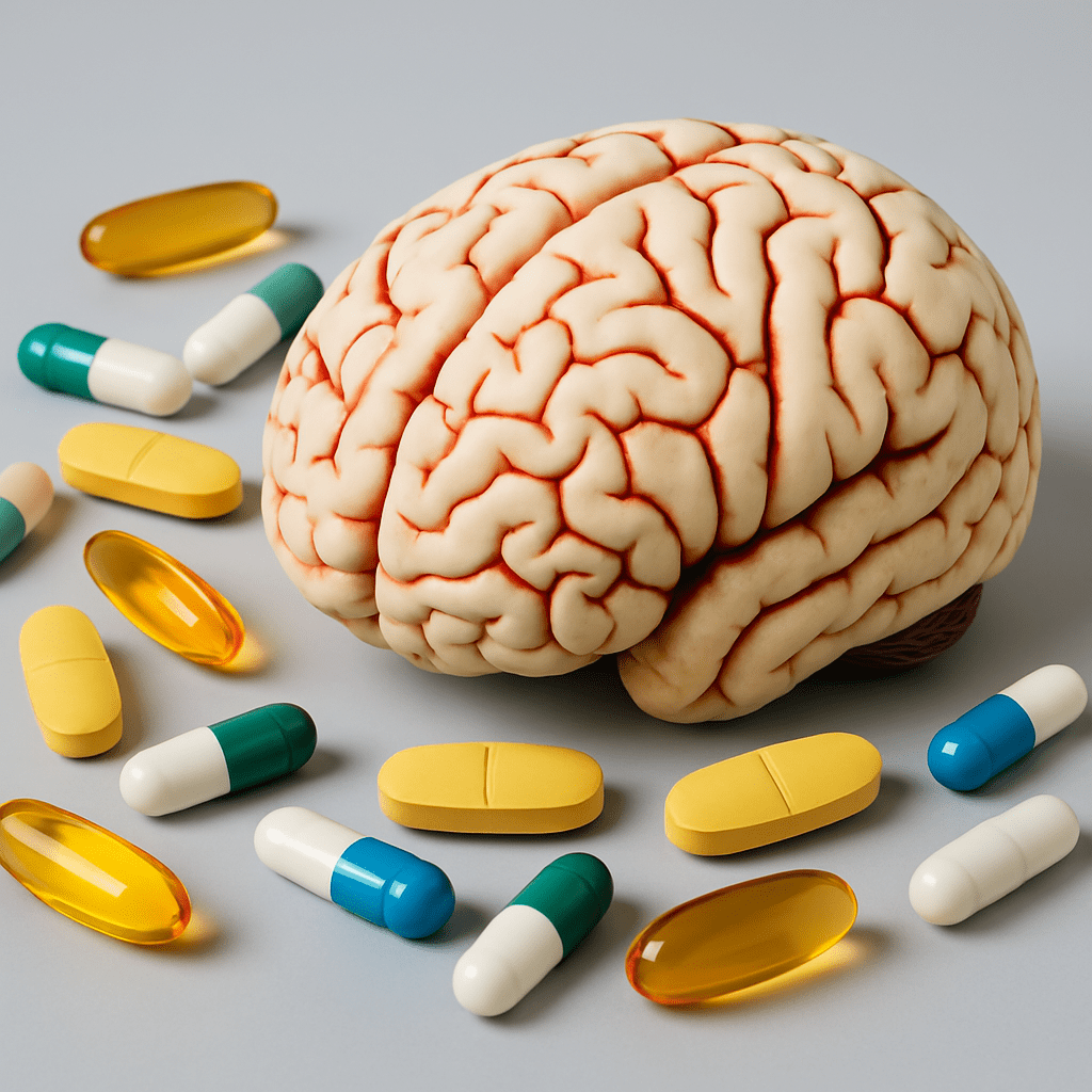 A high-resolution digital photograph displays an anatomically accurate brain model with energy and focus-enhancing supplements, highlighting the connection between cognitive health and OTC solutions.