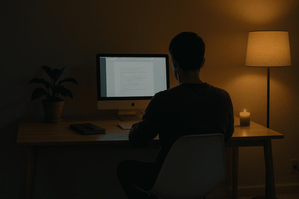*A person sits quietly at a candlelit desk in a minimalist workspace, viewed from behind as they focus on a computer screen. Surrounded by warm golden light, a dark grey wall, a potted plant, and a closed notebook, the peaceful setting reflects an intentional effort to improve attention span and regain focus naturally through calming evening routines.*