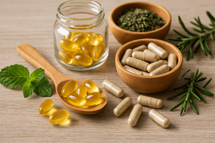 A photograph captures a close-up of various natural health supplements and herbs, including capsules, mint leaves, and herbal pills, arranged on a wooden surface to suggest natural cognitive support.