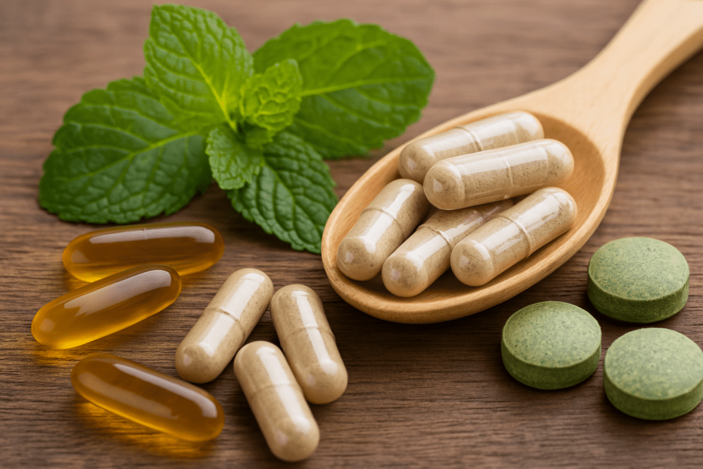 A photograph displays dietary supplements and medicinal herbs, including capsules, tablets, and mint leaves, arranged naturally on a rustic wooden surface to represent holistic ADHD alternatives.