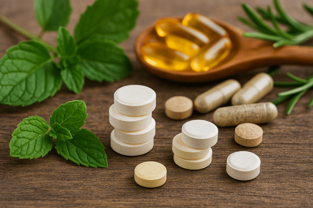 A photograph showcases natural health supplements including herbal capsules, yellow tablets, and mint leaves on a weathered wooden background, symbolizing safe alternatives to ADHD medication