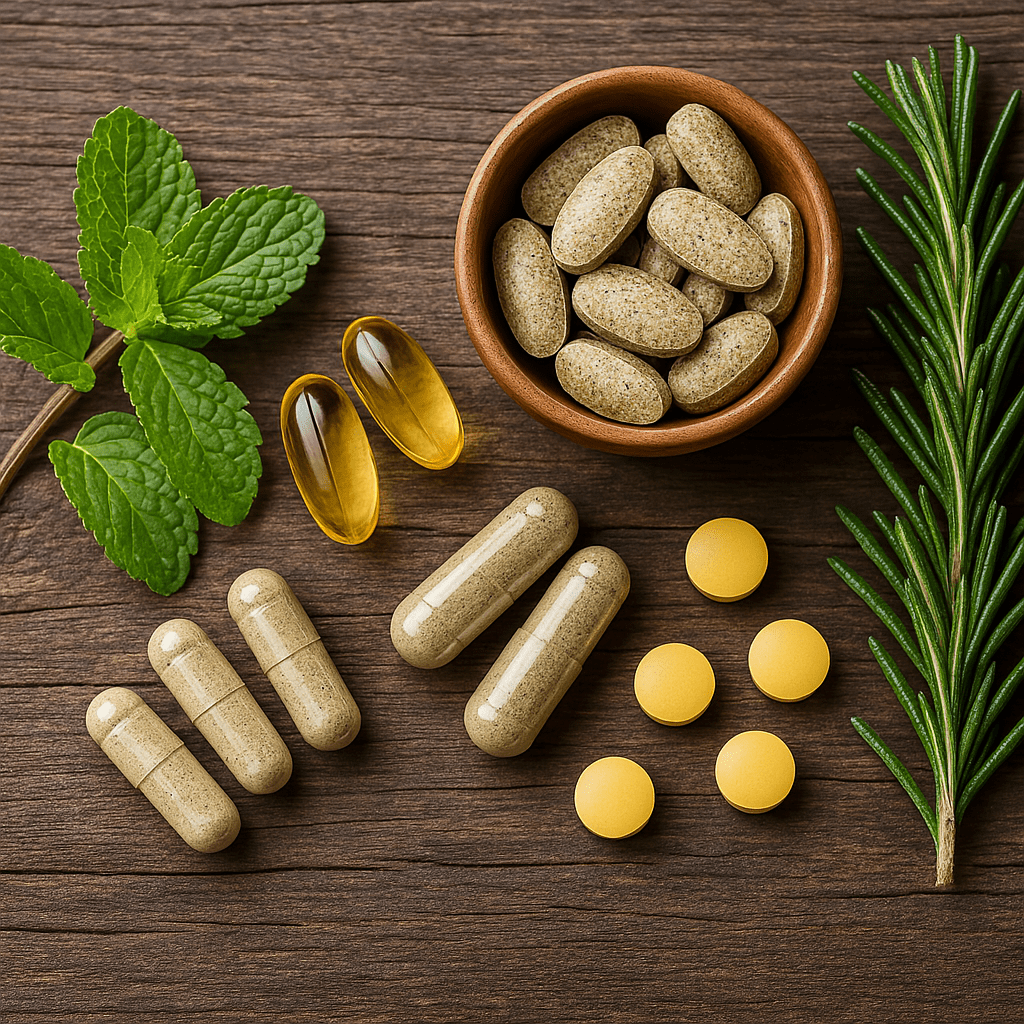 A photograph displays various natural supplements including herbal capsules, mint leaves, rosemary, and tablets arranged on a dark wooden surface, reflecting holistic focus and ADHD support.