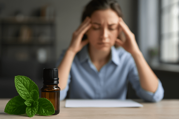 Amber bottle of peppermint essential oil with fresh peppermint leaves on a wooden table, blurred background showing a calm woman reflecting in natural light.