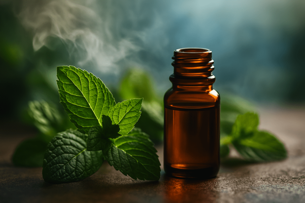 Dark amber peppermint essential oil bottle surrounded by mint leaves with soft mist and a glowing natural background in cool green and blue tones.