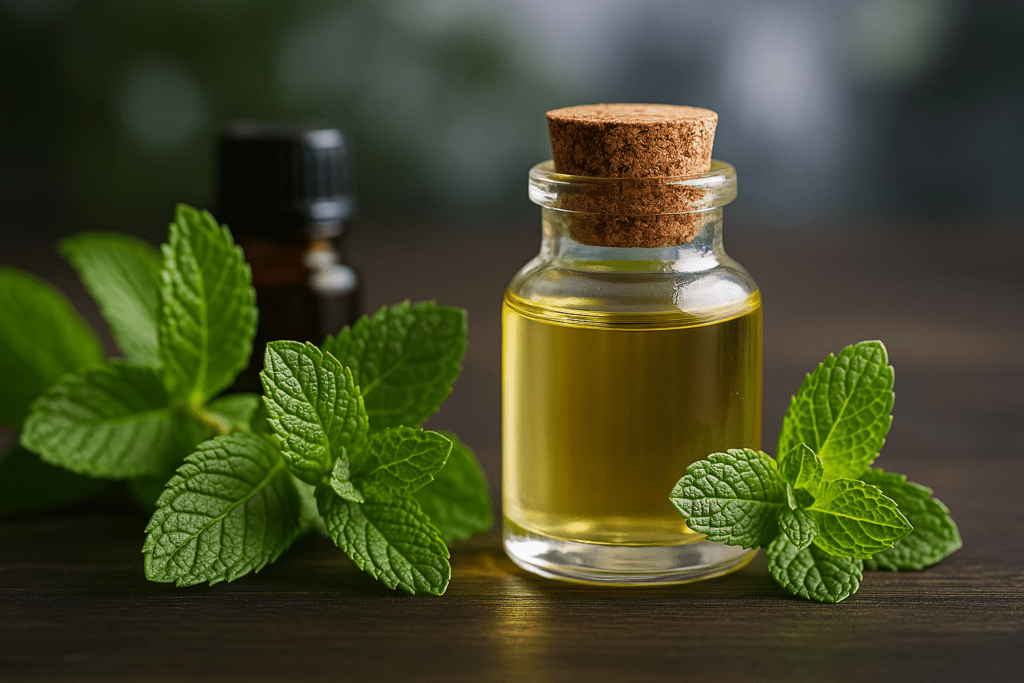 Clear glass bottle of peppermint essential oil and vibrant mint leaves on a rustic dark wooden surface, with a soft-focus, nature-inspired backdrop.