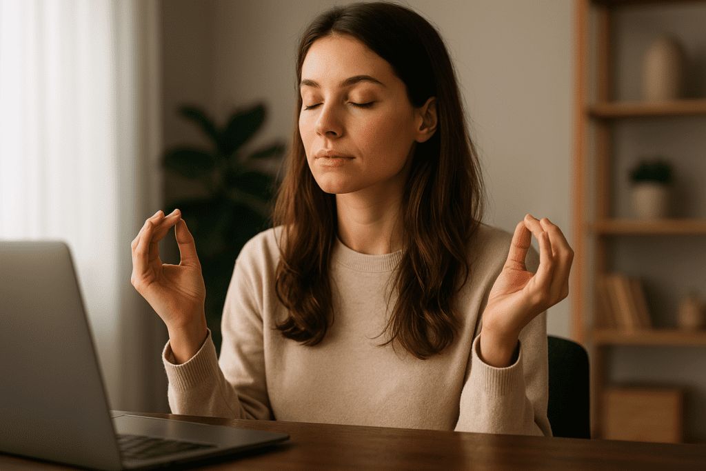 Woman practicing mindfulness at a wooden desk in soft natural light, surrounded by a laptop and calming indoor elements that evoke mental clarity and focus.