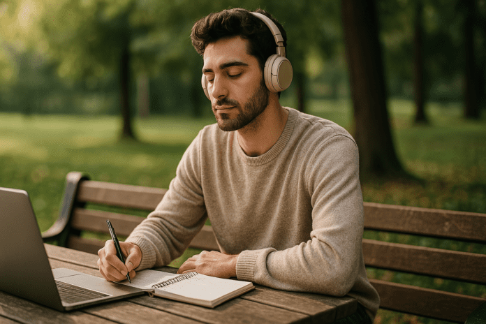 A young man with light skin sits on a park bench during the day, wearing beige over-ear headphones and writing in a notebook under soft natural sunlight. The peaceful outdoor environment enhances the theme of using soothing music to study for better focus, emotional calm, and long-term brain health.
