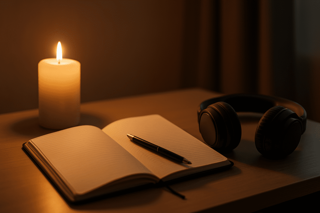 A softly lit nighttime study space features a candle, an open notebook, glasses, and headphones on a wooden desk, with warm ambient lighting creating a calm and focused atmosphere. This quiet setting visually reinforces the benefits of relaxing music for studying and its role in mental restoration and stress reduction.