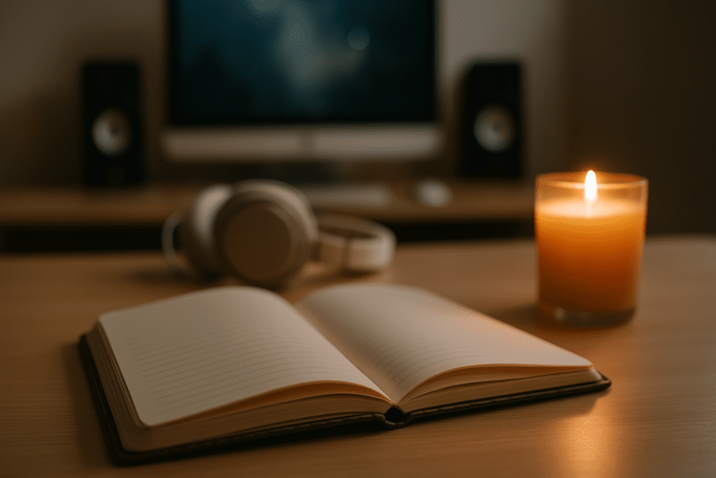 A minimalist indoor workspace shows a leather-bound notebook, flickering candle, and headphones on a clean wooden desk under warm light, with a blurred screen in the background. The scene symbolizes the use of calming background study music to promote concentration, emotional balance, and cognitive clarity