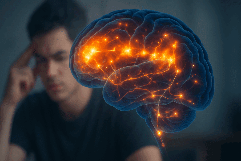 Conceptual illustration of a glowing brain highlighting active neural pathways and prefrontal cortex, symbolizing focus and cognitive effort, with a blurred person struggling to concentrate—visually representing Why Is My Attention Span So Short.