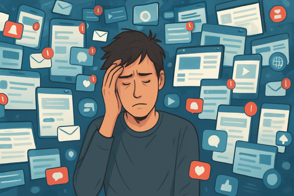 Tired young man overwhelmed by digital clutter of notifications and screens, visualizing the question: Why Is My Attention Span So Short