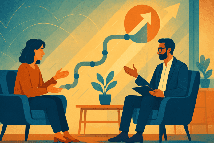 Therapist and client discussing cognitive behavioral therapy treatment goals in a modern, calming office with abstract symbols of progress and growth