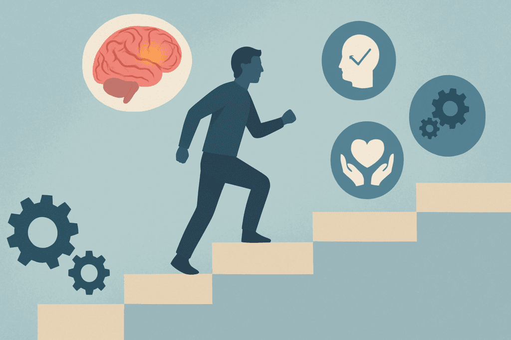 Person climbing abstract staircase symbolizing cognitive behavioral therapy treatment goals, with floating mental health icons and highlighted brain.