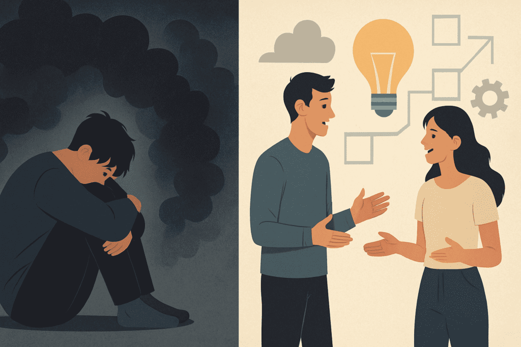 Split-screen illustration showing cognitive behavioral therapy treatment goals in action—left side depicts isolation and negativity, right side shows social interaction and emotional growth
