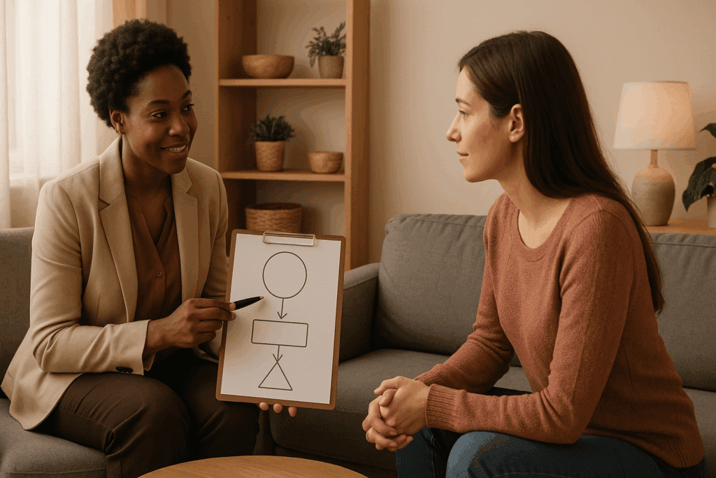 Therapist and client collaborating in a warm, inclusive setting using visual tools to discuss cognitive behavioral therapy treatment goals
