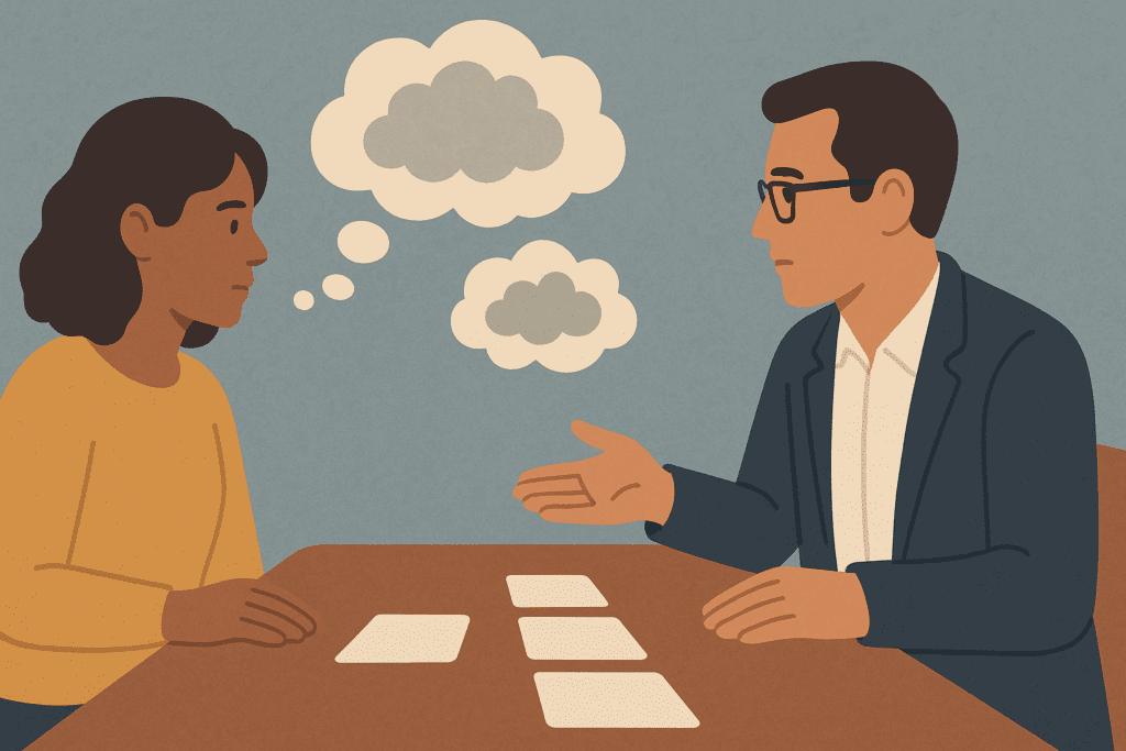 Therapist and client at a table transforming abstract thought clouds into structured cards symbolizing cognitive behavioral therapy treatment goals.