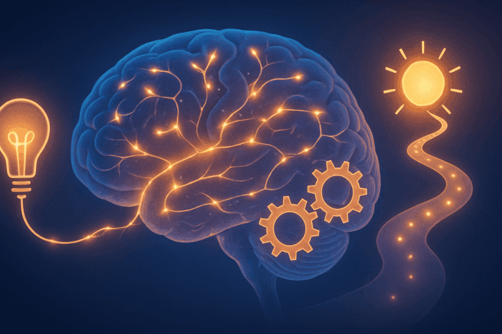 Glowing human brain with illuminated neural pathways, gears, and a lighted path symbolizing cognitive behavioral therapy treatment goals.