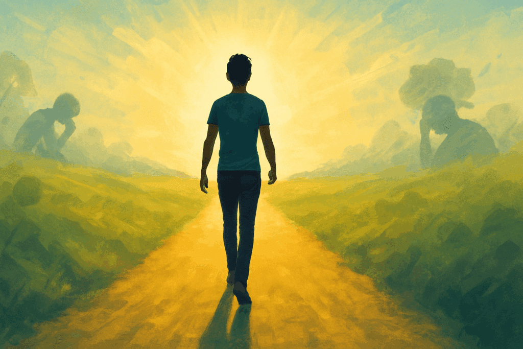 Person walking confidently toward a bright horizon on a sunny path, symbolizing growth, resilience, and cognitive behavioral therapy treatment goals.