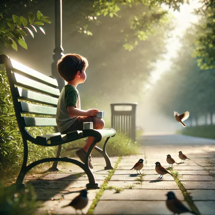 A young boy sits quietly on a park bench in the early morning light, observing birds with a notepad in hand. This calm, nature-focused scene highlights how behavioral therapy encourages mindfulness and emotional expression in children through observational activities in serene environments.