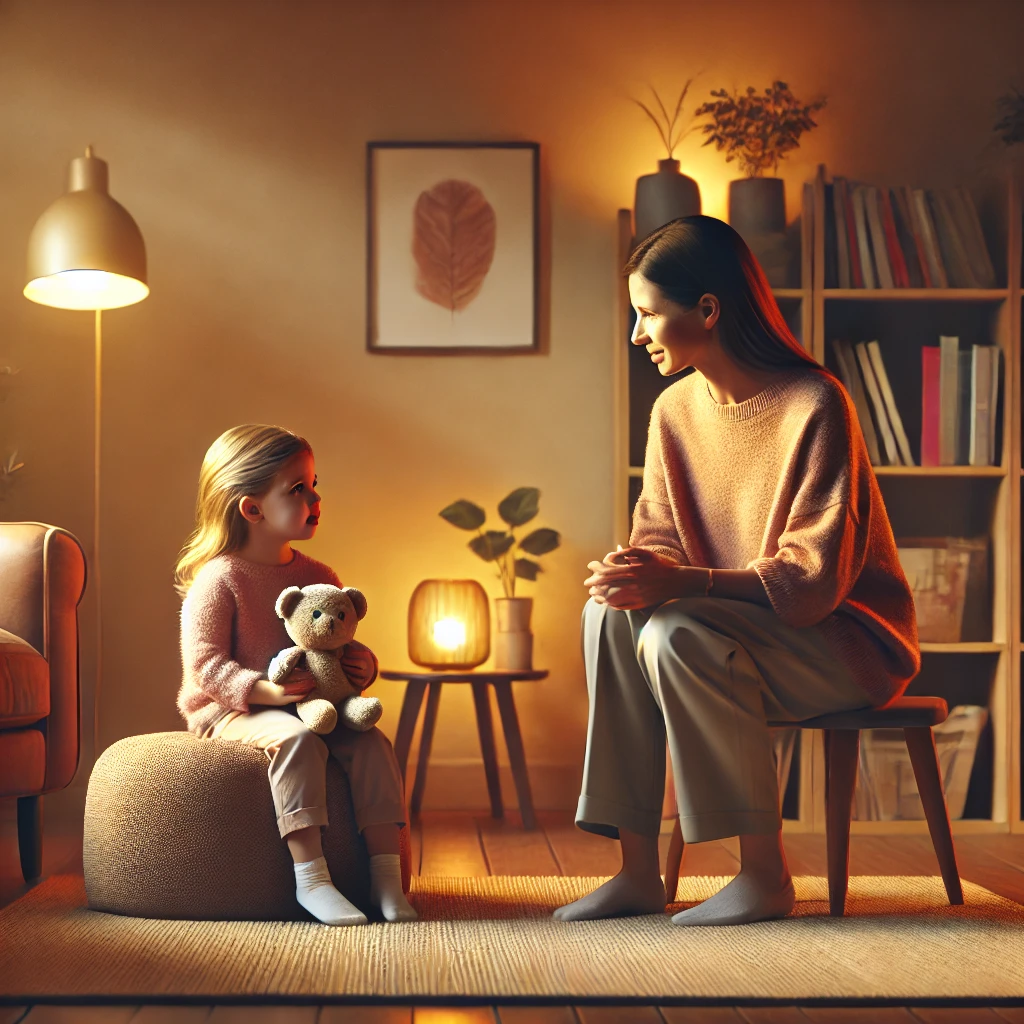 A young girl shares her thoughts while seated on a pouf in a warmly lit therapy room, holding a plush toy as the therapist listens attentively. The cozy interior and warm lighting emphasize the nurturing, trust-building atmosphere crucial for emotional growth during therapy.