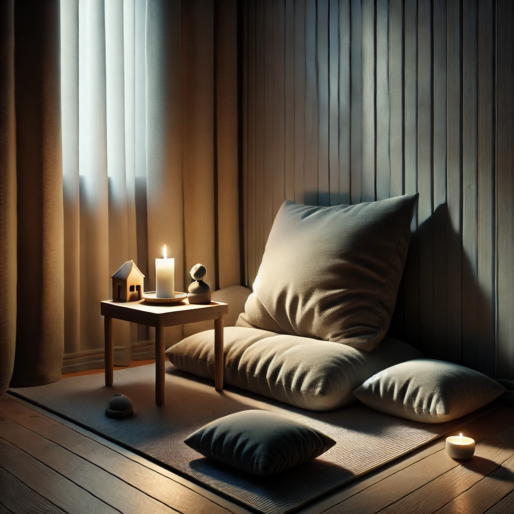 A peaceful meditation corner glows dimly with candlelight, casting dramatic shadows around cushions in a quiet home space. This setting represents a symbolic ritual of self-regulation and emotional balance often integrated into therapeutic routines for children.