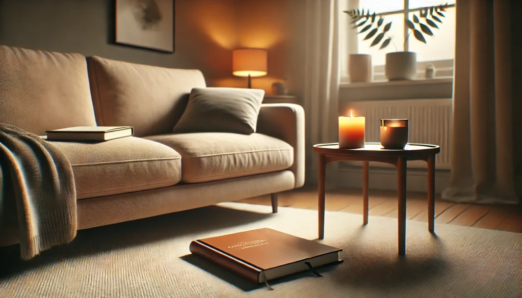 A warmly lit living room features a flickering candle and an open journal on a wooden table, symbolizing personal reflection and emotional processing as part of cognitive behavioral therapy practices.