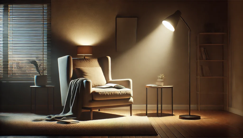 A dimly lit room with a focused lamp illuminates a cozy armchair and a casually placed journal, creating a moody ambiance that mirrors solitary introspection tied to nighttime self-evaluation and CBT insights.