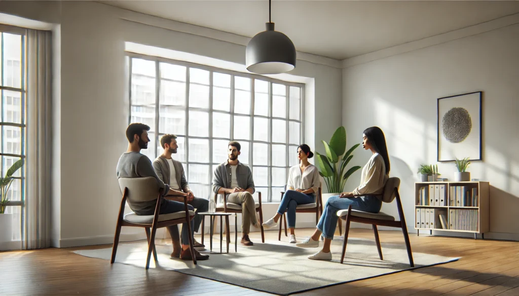A group of four adults sits in a circle in a modern therapy room with white walls and natural daylight streaming through a large window. Their engaged expressions and active gestures convey a supportive, collaborative dynamic central to cognitive behavioral group therapy. The minimal decor keeps focus on the therapeutic interaction, clearly reinforcing the mental health theme.