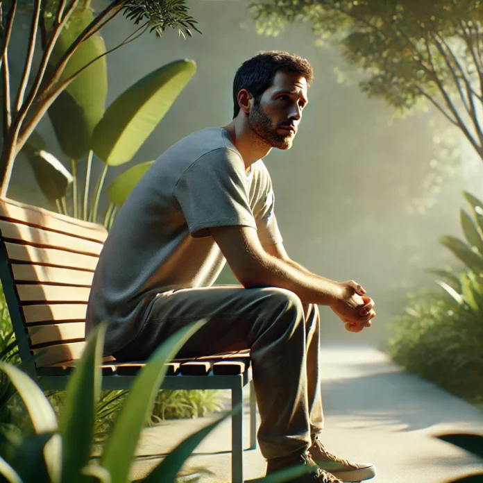 A man sits alone on a bench in a quiet park at sunrise, wearing neutral clothes and gazing pensively ahead, symbolizing internal contemplation about therapy decisions.