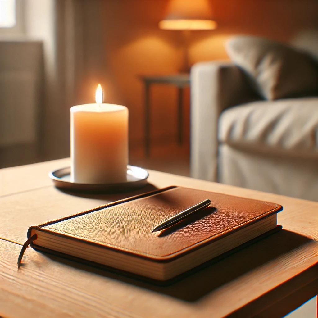 An open journal and lit candle rest on a minimalist wooden table in a softly lit home, representing private reflection and personal decision-making about therapy.