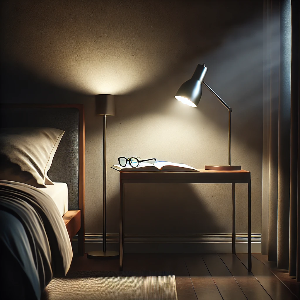 A dim bedroom corner with a softly glowing lamp illuminating a closed book and glasses on a desk, evoking quiet contemplation about therapy before sleep.