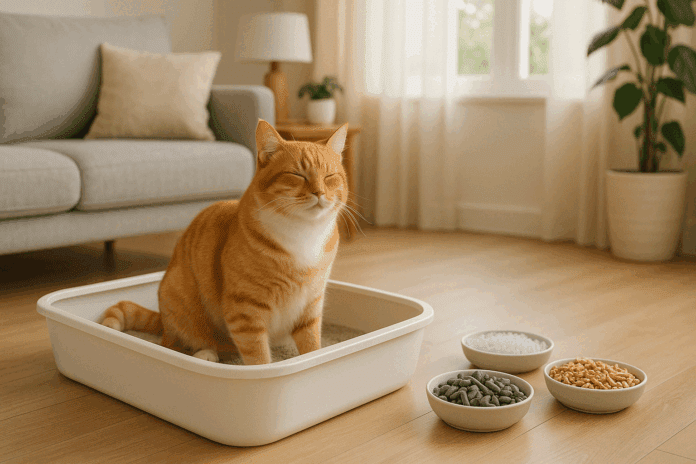 Relaxed orange tabby cat using a clean litter box in a sunlit room, highlighting the importance of texture in cat litter with various types nearby.