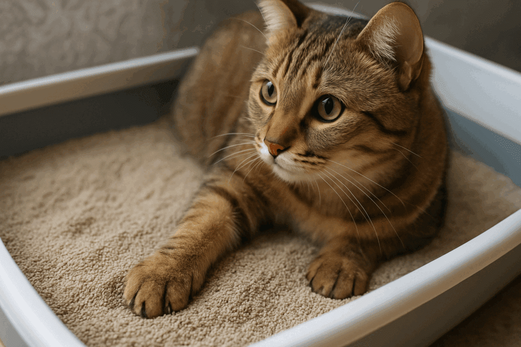 Cat gently pressing paw into soft, sandy litter inside a clean litter box, illustrating the Importance of Texture in Cat Litter for feline comfort and preference.