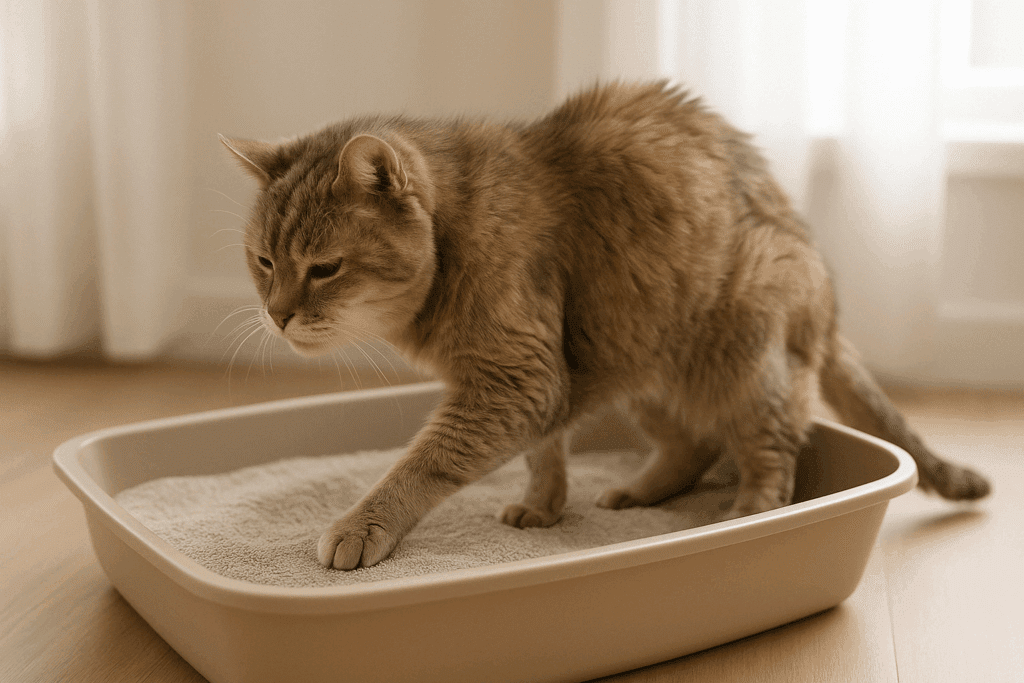 Senior cat with gentle demeanor stepping into a litter box filled with soft, fine-textured litter, illustrating the importance of texture in cat litter.
