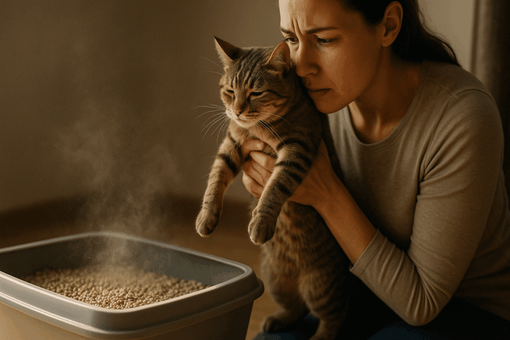 Concerned cat owner lifting her tabby near a litter box as fine dust rises, showing the Importance of Texture in Cat Litter for feline respiratory health.