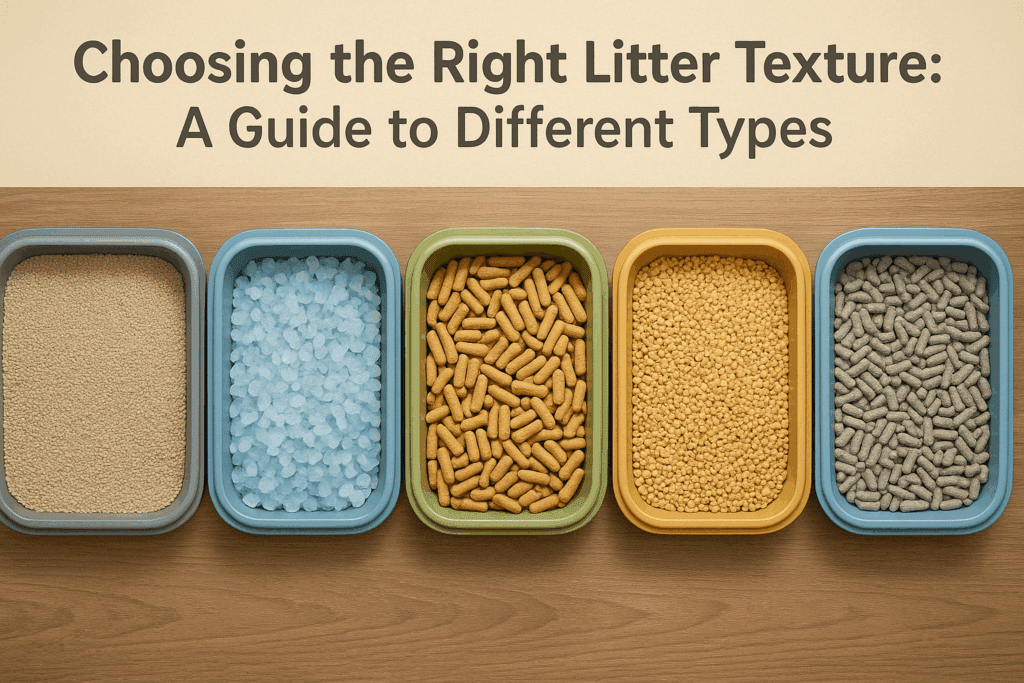 Five litter trays side by side showing clay, crystal, pine, corn, and paper types, highlighting the importance of texture in cat litter.