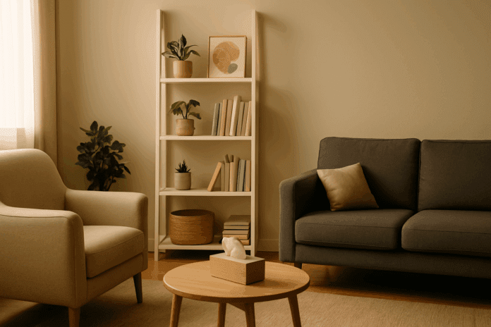 Serene therapy room with warm lighting, cozy seating, and decor symbolizing different types of CBT through books, plants, and abstract brain art.