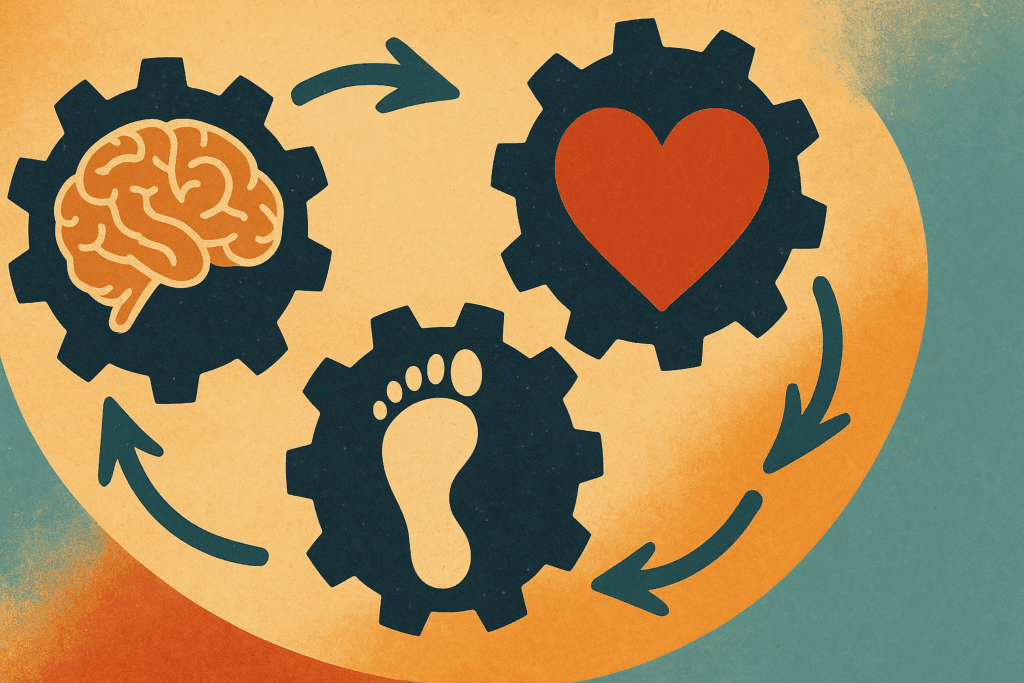 Abstract illustration symbolizing different types of CBT with interlocking gears for thoughts, emotions, and behaviors.
