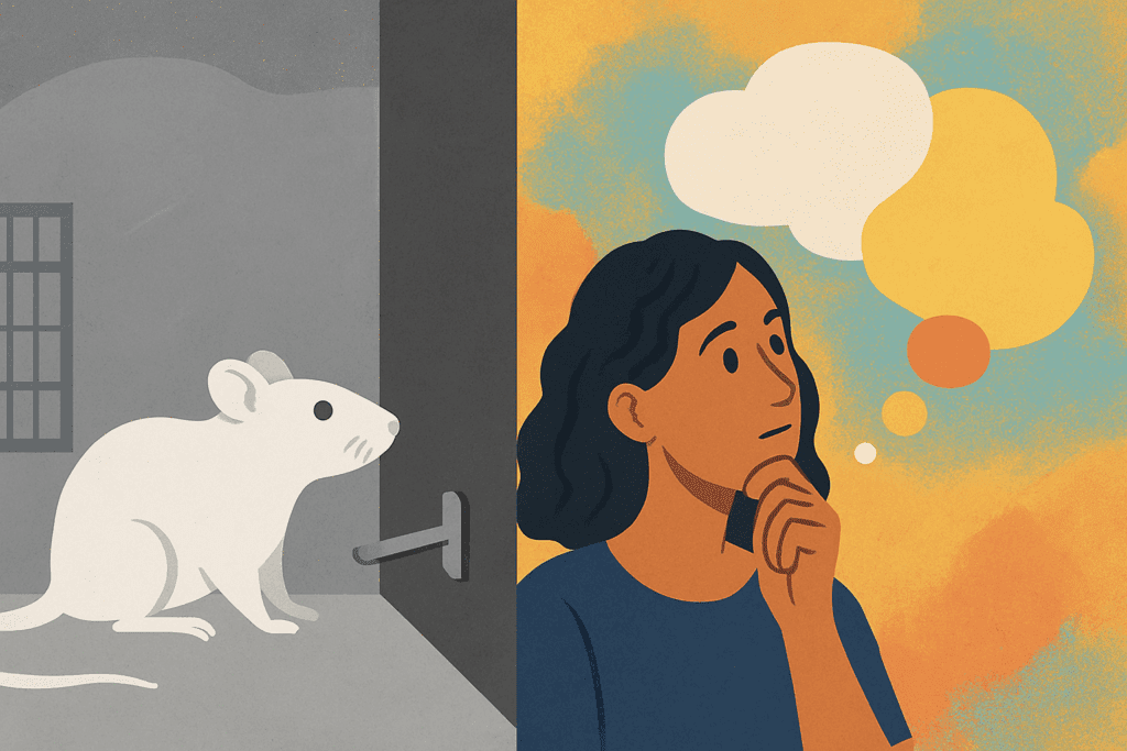 Split illustration showing the historical shift from behaviorism with a lab rat to modern therapy with a person and thought bubbles, symbolizing different types of CBT