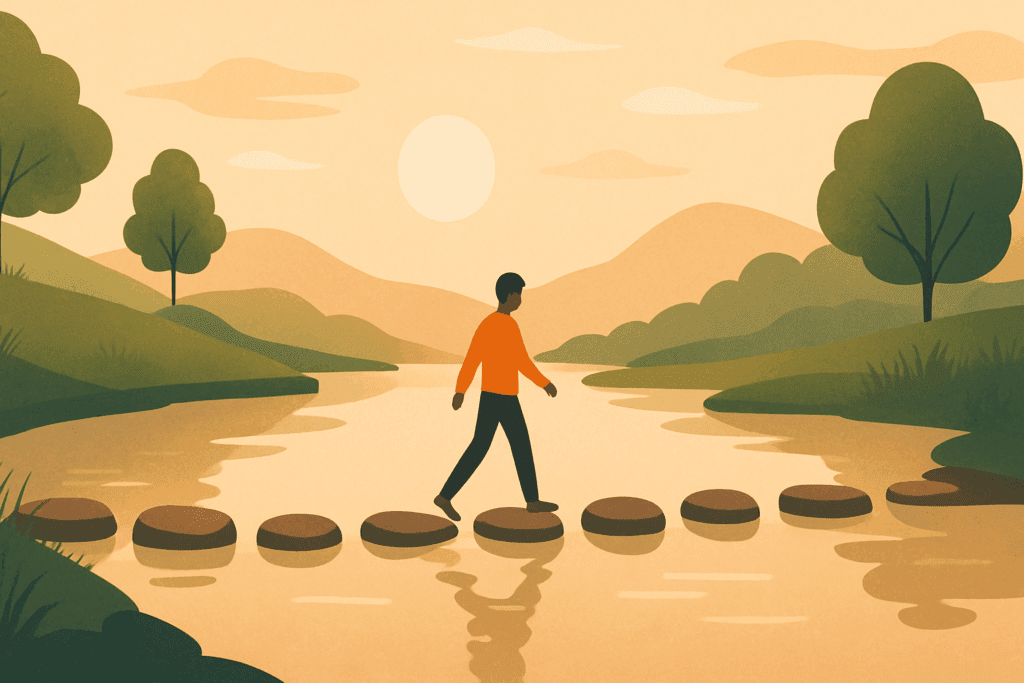 Person walking mindfully across stepping stones on a calm river, symbolizing emotional regulation in different types of CBT