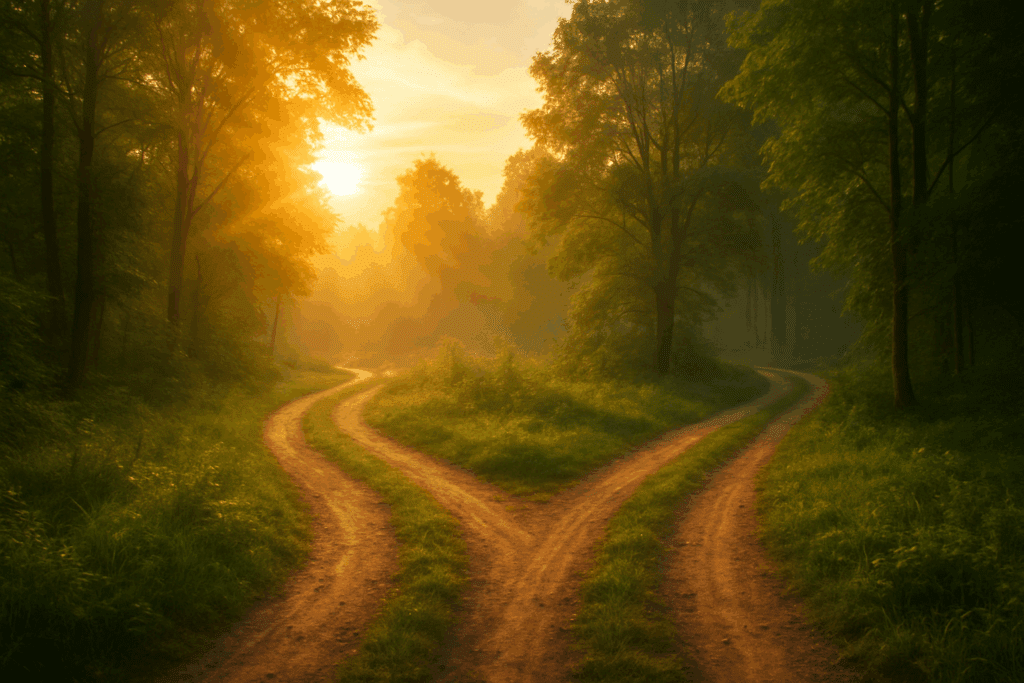 Sunlit forest trail splitting into two paths at sunrise, symbolizing life decisions and the different types of CBT approaches in therapy.