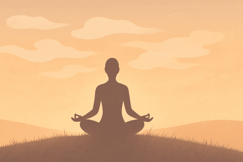 Silhouette of a person meditating in lotus pose at sunset on a grassy hill, symbolizing mindfulness in different types of CBT.